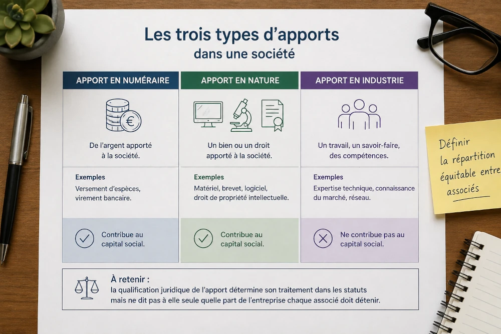 Répartition du capital. Les trois types d'apports possibles.